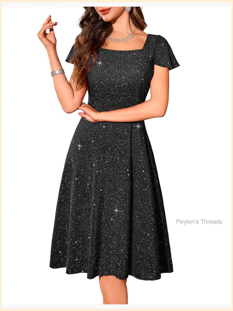 Sequin Prom Dress With Flutter Short Sleeves, Square Neck, Midi Length